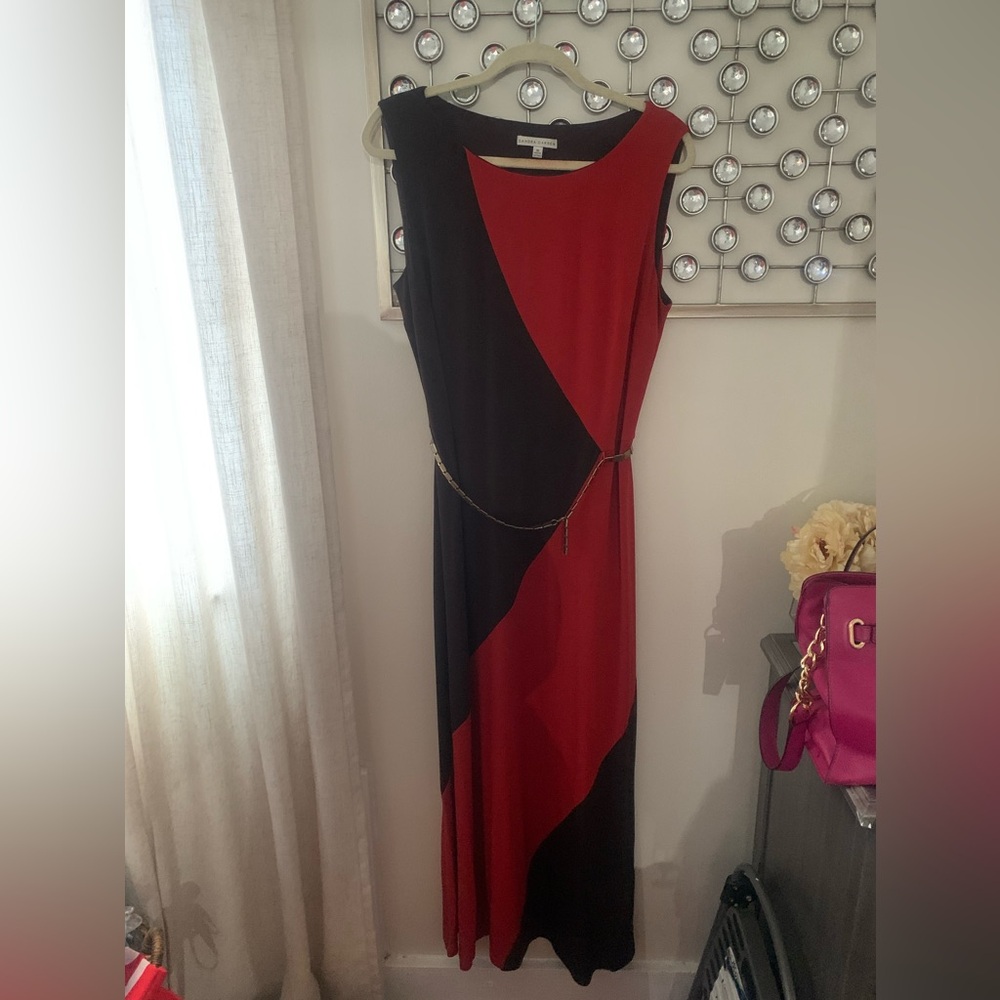 Sandra Darren Chic Red and Brown Dress